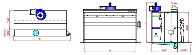 Размеры окрасочной камеры с водяной завесой c резервуаром на уровне пола Level, производство Ardesia (Италия)