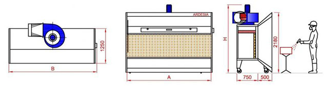 Размеры промышленной покрасочной камеры сухой фильтрации ROLLER PLUS, производство Ardesia (Италия)